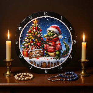 Reloj Redondo Grande Cute Alligator Merry Christmas Graphic