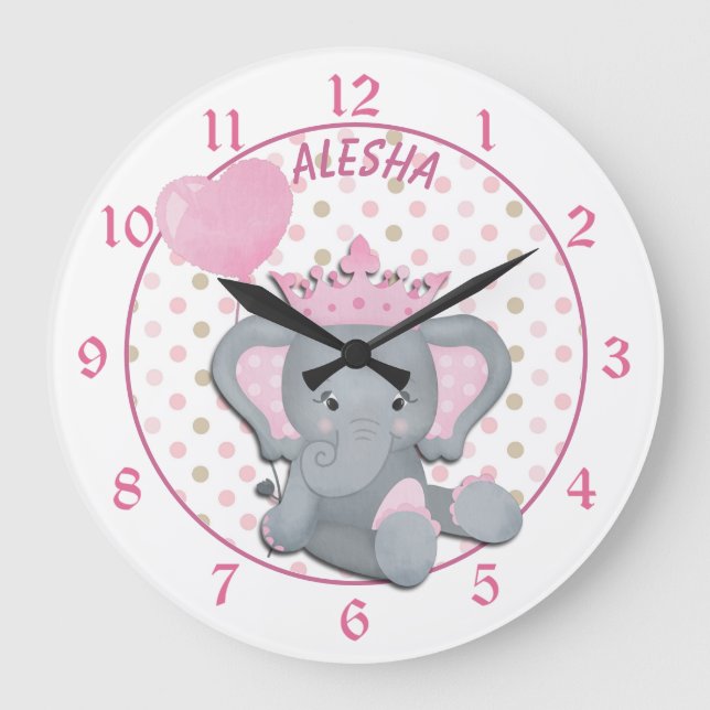 Reloj Redondo Grande Cute Baby Elephant Girl Princess Large Clock (Anverso)