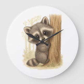 Reloj Redondo Grande Cute Baby Raccoon Peek-a-Boo Forest