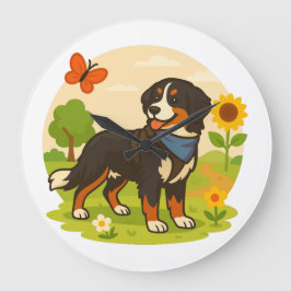 Reloj Redondo Grande Cute Bernese Mountain Dog with Sunflower & Butterf