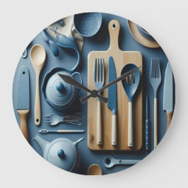 Reloj Redondo Grande Cute Blue Kitchen Utensils Papel estético