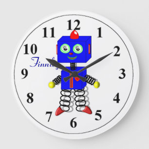 Reloj Redondo Grande Cute Blue Robot Personalized Boys Room Clock