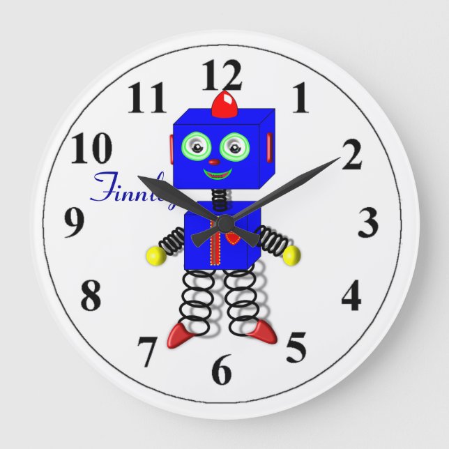 Reloj Redondo Grande Cute Blue Robot Personalized Boys Room Clock (Anverso)