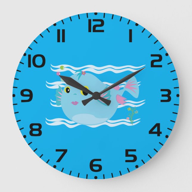 Reloj Redondo Grande Cute Blue Tropical Fish Pink Fins (Anverso)