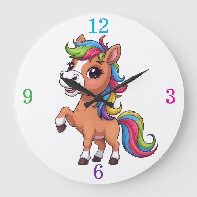 Reloj Redondo Grande Cute Brown Pony Rainbow Mane Kids Nursery Round Cl (Anverso)