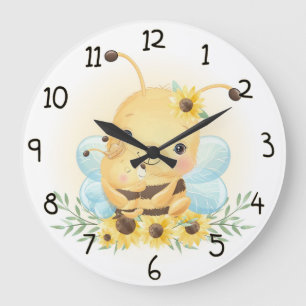 Reloj Redondo Grande Cute Bumble Bee and Sunflowers