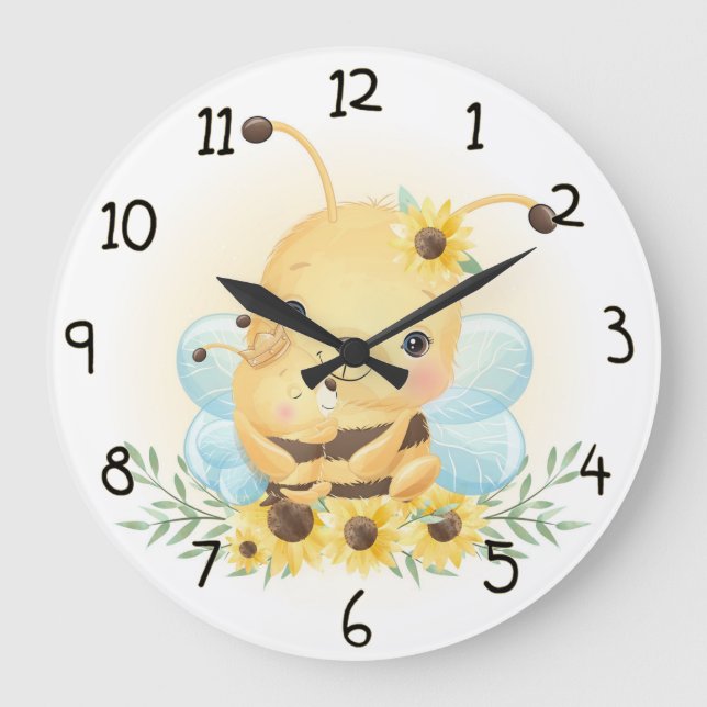 Reloj Redondo Grande Cute Bumble Bee and Sunflowers (Anverso)