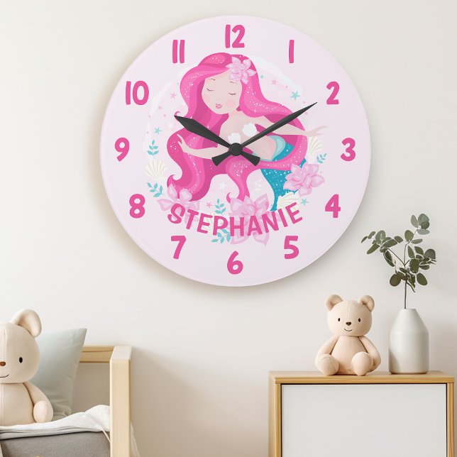 Reloj Redondo Grande Cute cabello rosa sirena niñas fantasía pared dorm (Subido por el creador)