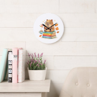 Reloj Redondo Grande Cute Capybara Reading Books Watercolor 