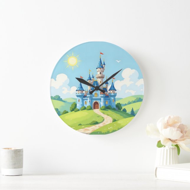 Reloj Redondo Grande Cute castillo azul y blanco (Hogar)