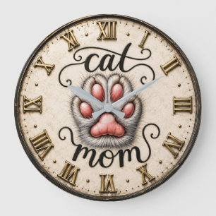 Reloj Redondo Grande Cute Cat Nom Paw Print Rustic