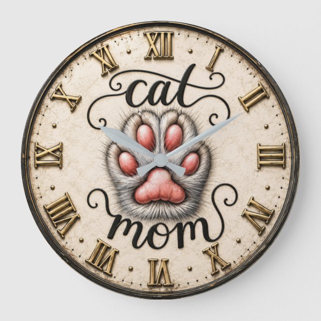 Reloj Redondo Grande Cute Cat Nom Paw Print Rustic  (Anverso)