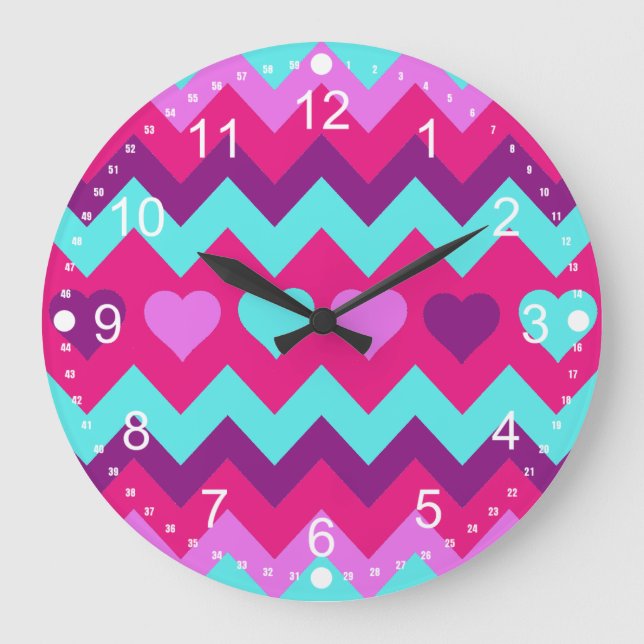 Reloj Redondo Grande Cute Chevron Hearts Pink Teal Teen Girl Gifts (Anverso)