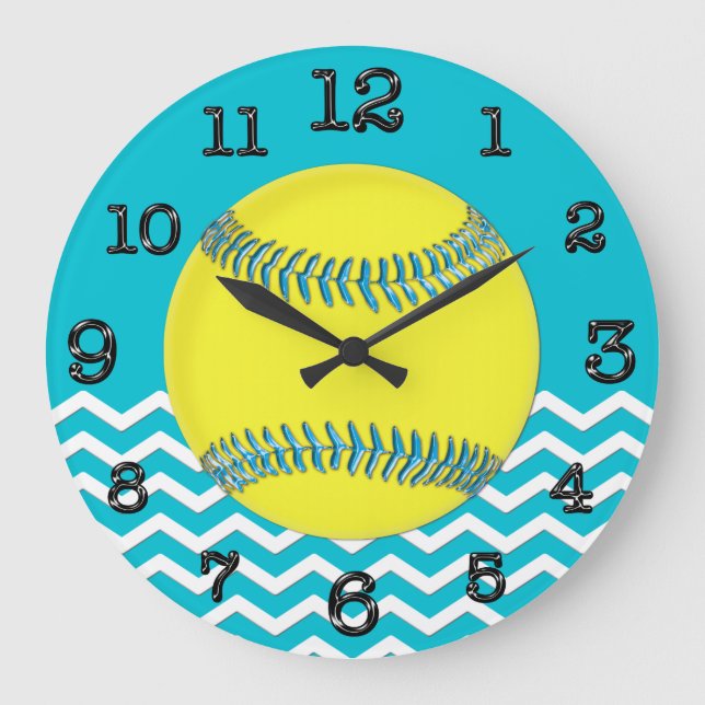 Reloj Redondo Grande Cute Chevron Turquesa Softball Pared Decoración BL (Anverso)
