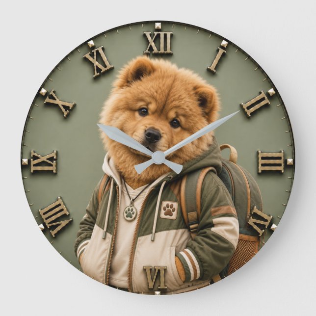 Reloj Redondo Grande Cute Chow Chow Puppy (Anverso)