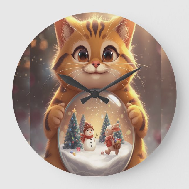 Reloj Redondo Grande Cute Christmas Cat Holding Snow Globe Art (Anverso)