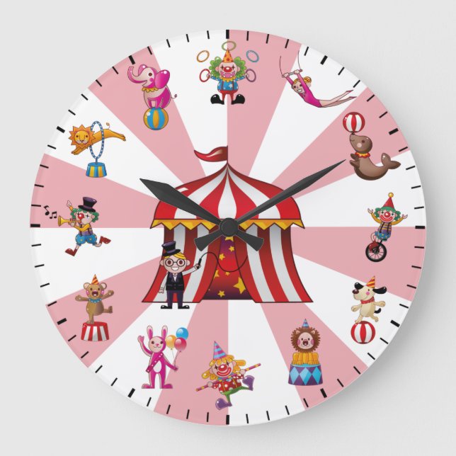 Reloj Redondo Grande Cute Circus Clowns & Animals Themed (Anverso)