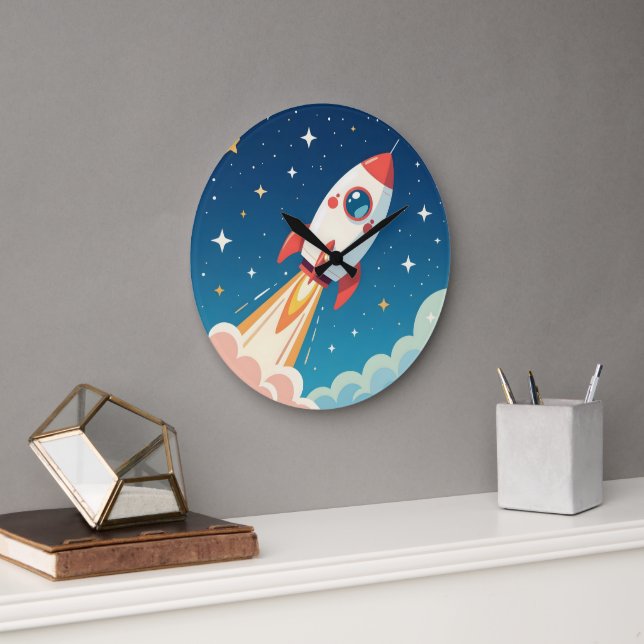 Reloj Redondo Grande Cute cohete espacial despegando (Oficina)