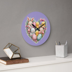Reloj Redondo Grande Cute conejitos de Pascua y pollitos Pastel Cottage