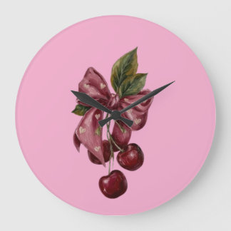 Reloj Redondo Grande Cute Coquette Cherry Ribbon Rosa Estética