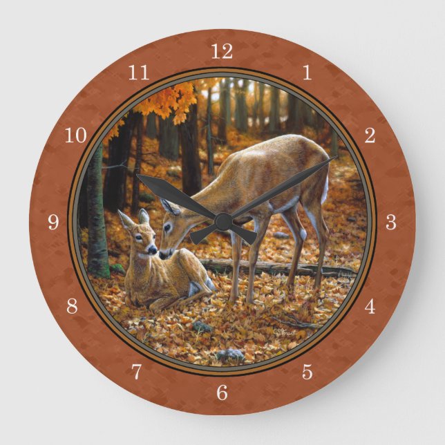 Reloj Redondo Grande Cute Deer Doe & Fawn Otumn Red (Anverso)