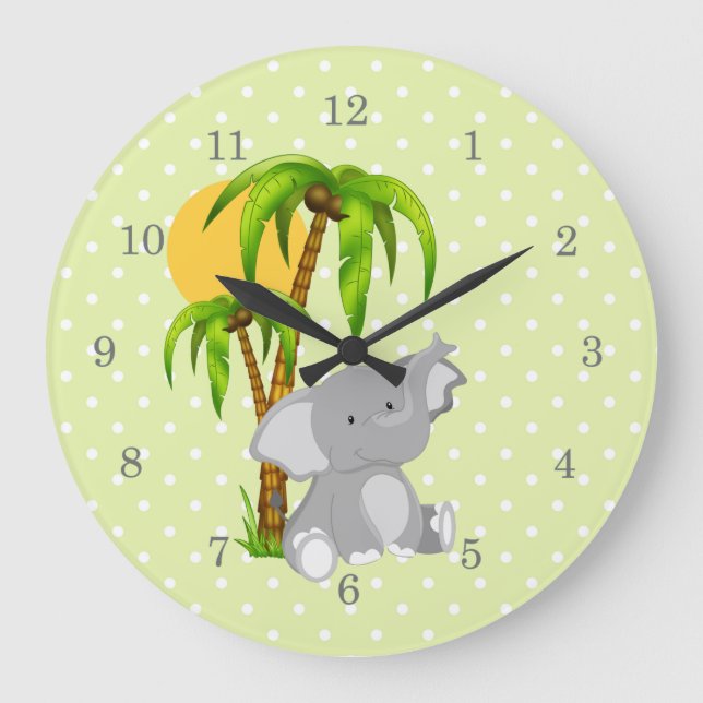 Reloj Redondo Grande Cute Elephant Green Polka puntos en las paredes ce (Anverso)