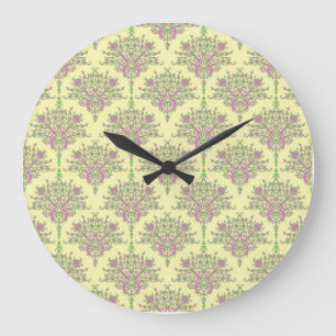 Reloj Redondo Grande Cute Floral Damask en rosa verde y amarillo pálido