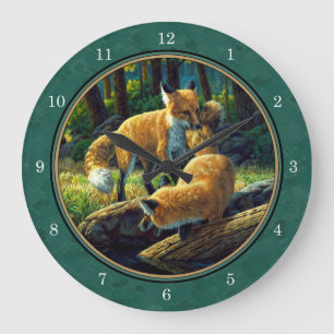 Reloj Redondo Grande Cute Fox Pups Jugando Verde Forestal