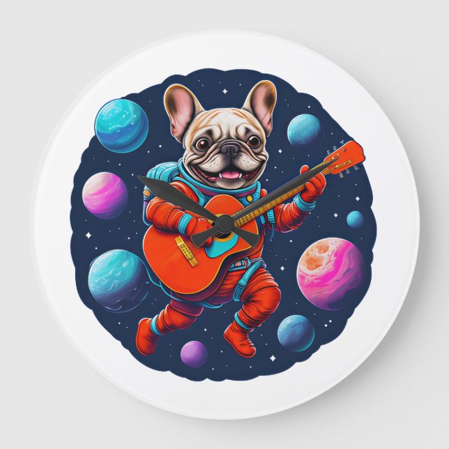 Reloj Redondo Grande Cute French Bulldog Astronaut Playing Guitar – Fun (Anverso)