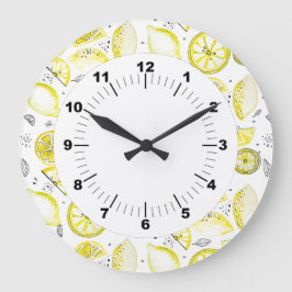 Reloj Redondo Grande Cute Fresco Verano Citrus Lemon Doodle Amarillo
