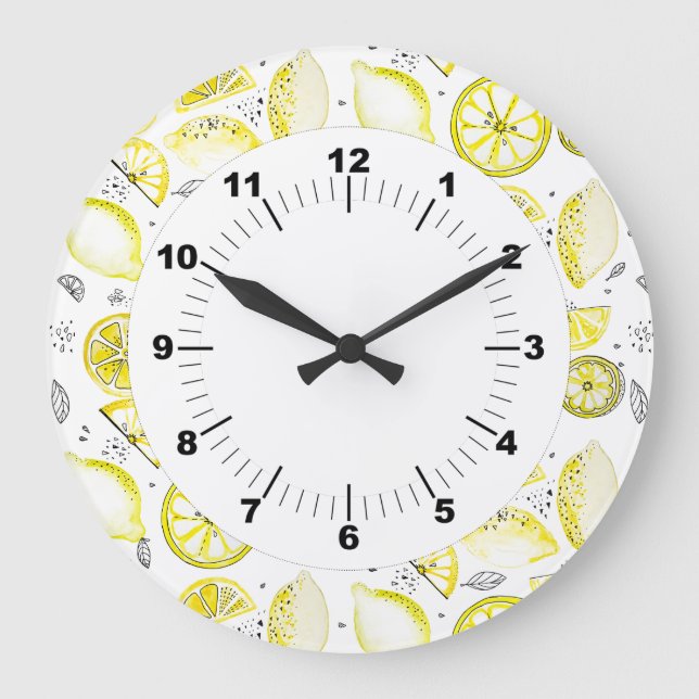 Reloj Redondo Grande Cute Fresco Verano Citrus Lemon Doodle Amarillo (Anverso)