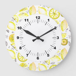 Reloj Redondo Grande Cute Fresco Verano Citrus Lemon Doodle Amarillo