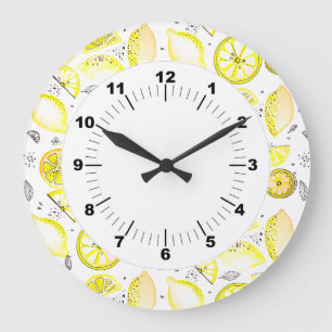 Reloj Redondo Grande Cute Fresco Verano Citrus Lemon Doodle Amarillo