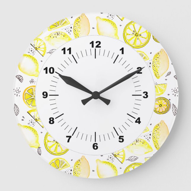 Reloj Redondo Grande Cute Fresco Verano Citrus Lemon Doodle Amarillo (Anverso)