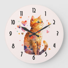 Reloj Redondo Grande Cute gato de tabla con corazón