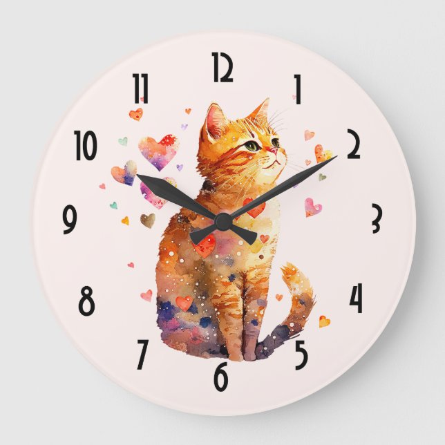Reloj Redondo Grande Cute gato de tabla con corazón (Anverso)
