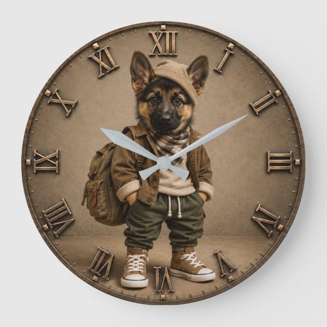 Reloj Redondo Grande Cute German Shepherd Puppy (Anverso)