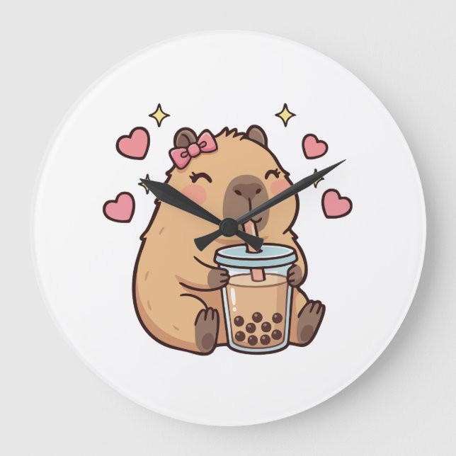 Reloj Redondo Grande Cute Girls Capybara Ramen Kawaii Tea Kawaii Capy  (Anverso)