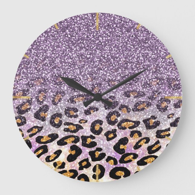 Reloj Redondo Grande Cute girly trendy purple faux glitter leopard (Anverso)