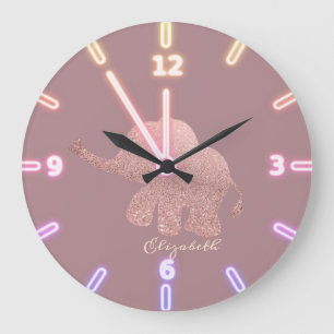 Reloj Redondo Grande Cute Glitter Rosa Dorado Elefante - Personalizado