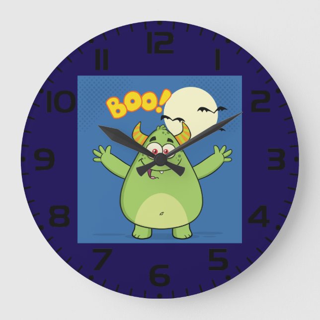 Reloj Redondo Grande Cute Green Monster Halloween Boo (Anverso)