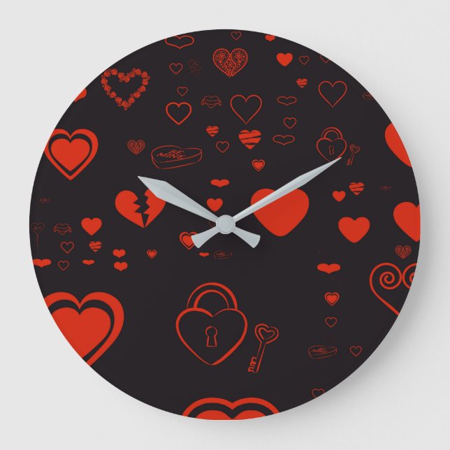 Reloj Redondo Grande Cute Heart Modern Red Pattern (Anverso)