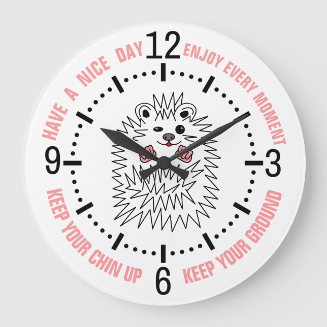 Reloj Redondo Grande Cute Hedgehog. ¡Mantén La Manga Arriba! Inspirador (Anverso)