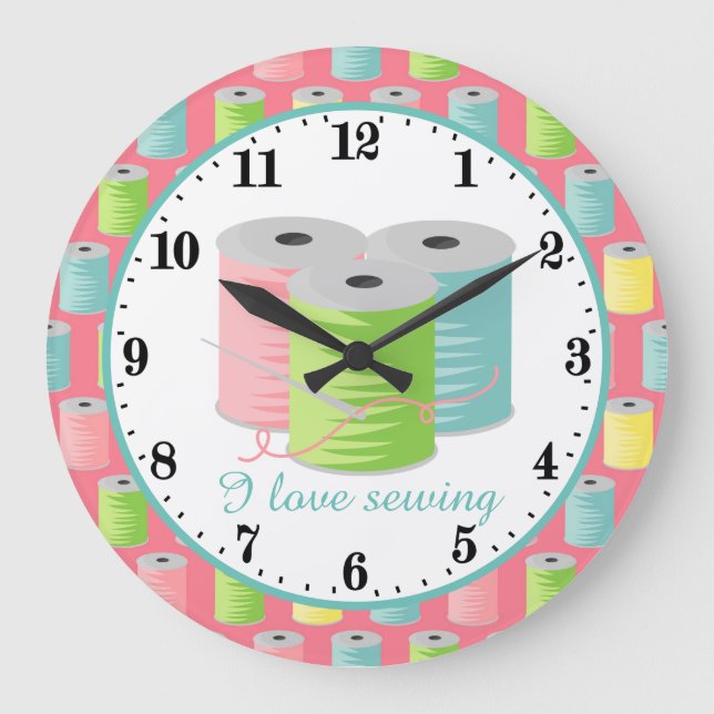 Reloj Redondo Grande cute I love sewing room decor (Anverso)