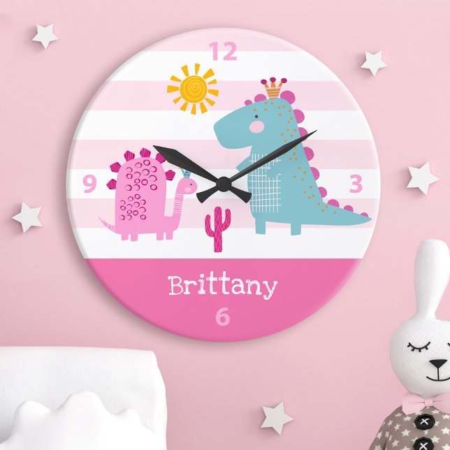 Reloj Redondo Grande Cute Kawaii Dinosaur Girl Pink Nursery Custom Name (Subido por el creador)