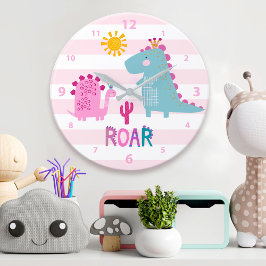 Reloj Redondo Grande Cute Kawaii Dinosaur Girl Pink Nursery Fun Roar