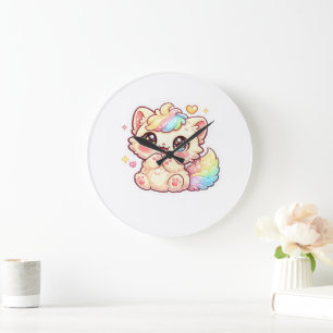 Reloj Redondo Grande Cute Kawaii Gatito Arcoíris Pegatina de Gato Espon