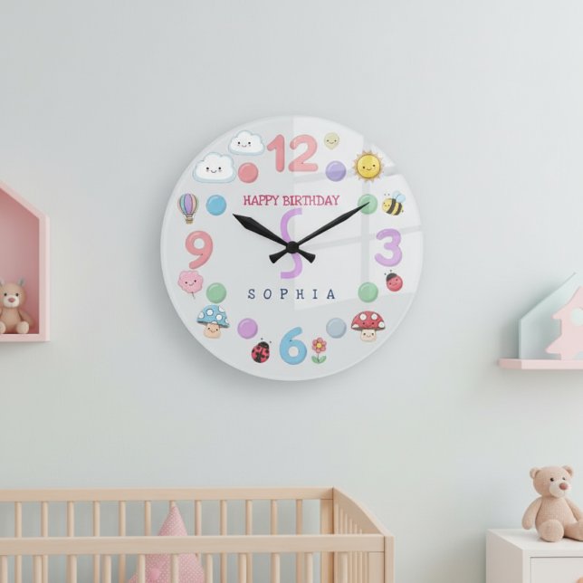 Reloj Redondo Grande Cute Kawaii Personalized Birthday Name (Subido por el creador)