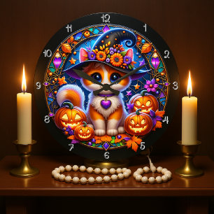 Reloj Redondo Grande Cute Kitten Halloween Vidrio Manchado