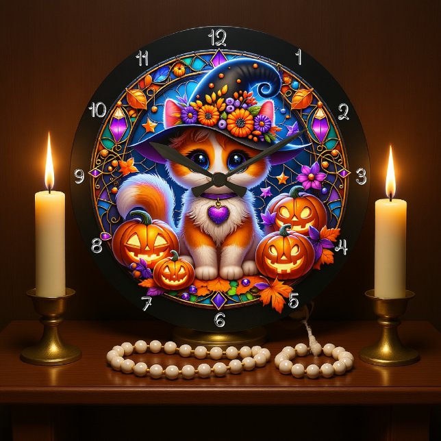 Reloj Redondo Grande Cute Kitten Halloween Vidrio Manchado (Subido por el creador)